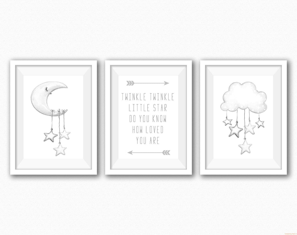 Twinkle Twinkle Moon And Cloud Set 3 Prints - Nursery - Unisex - UNFRAMED