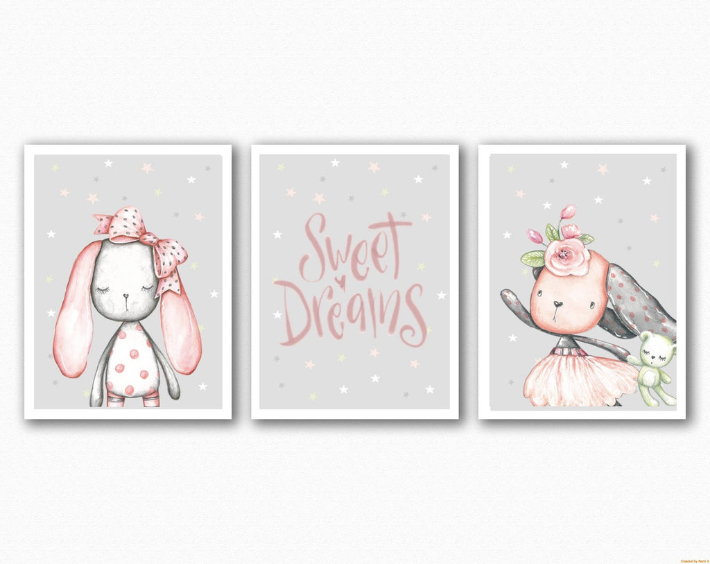 Sweet Dreams - Bunny - Girl - Nursery Prints - Grey and Pink