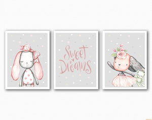 Sweet Dreams - Bunny - Girl - Nursery Prints - Grey and Pink