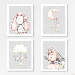 Cute Bunny | Moon | Cloud | Nursery Prints | Grey and Pink | Set 4