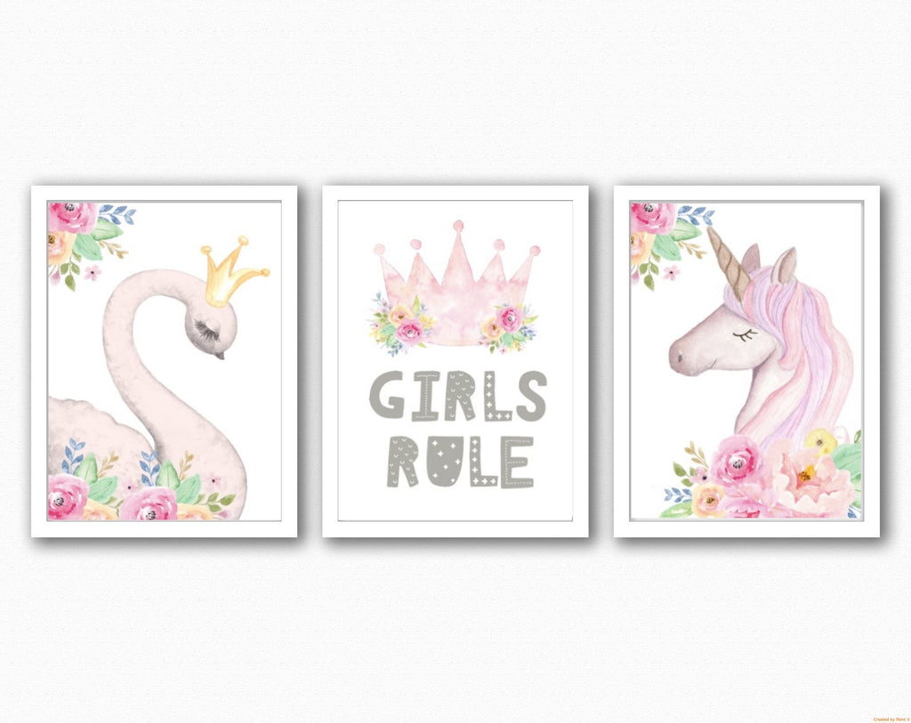 Unicorn - Swan - Girls Rule prints - Girl - Nursery Prints - Grey and Pink - UNFRAMED