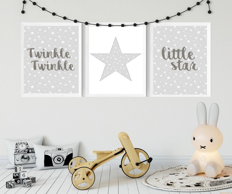 Grey And White Star Themed Nursery Prints | Set of Three
