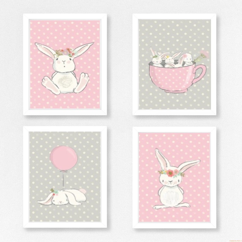 Bunny Nursery Prints | Set 4 | Pink and Grey