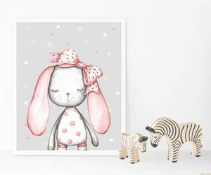 Cute Bunny | Moon | Cloud | Girl | Nursery Prints | Grey and Pink | Single Print