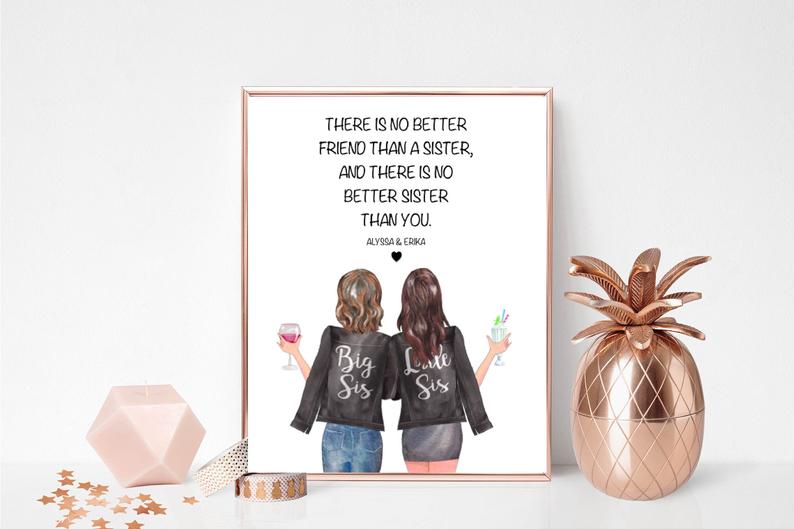 Sister Gift Print | Big Sis Little Sis (black Jacket) | Customisable | Portrait Print |